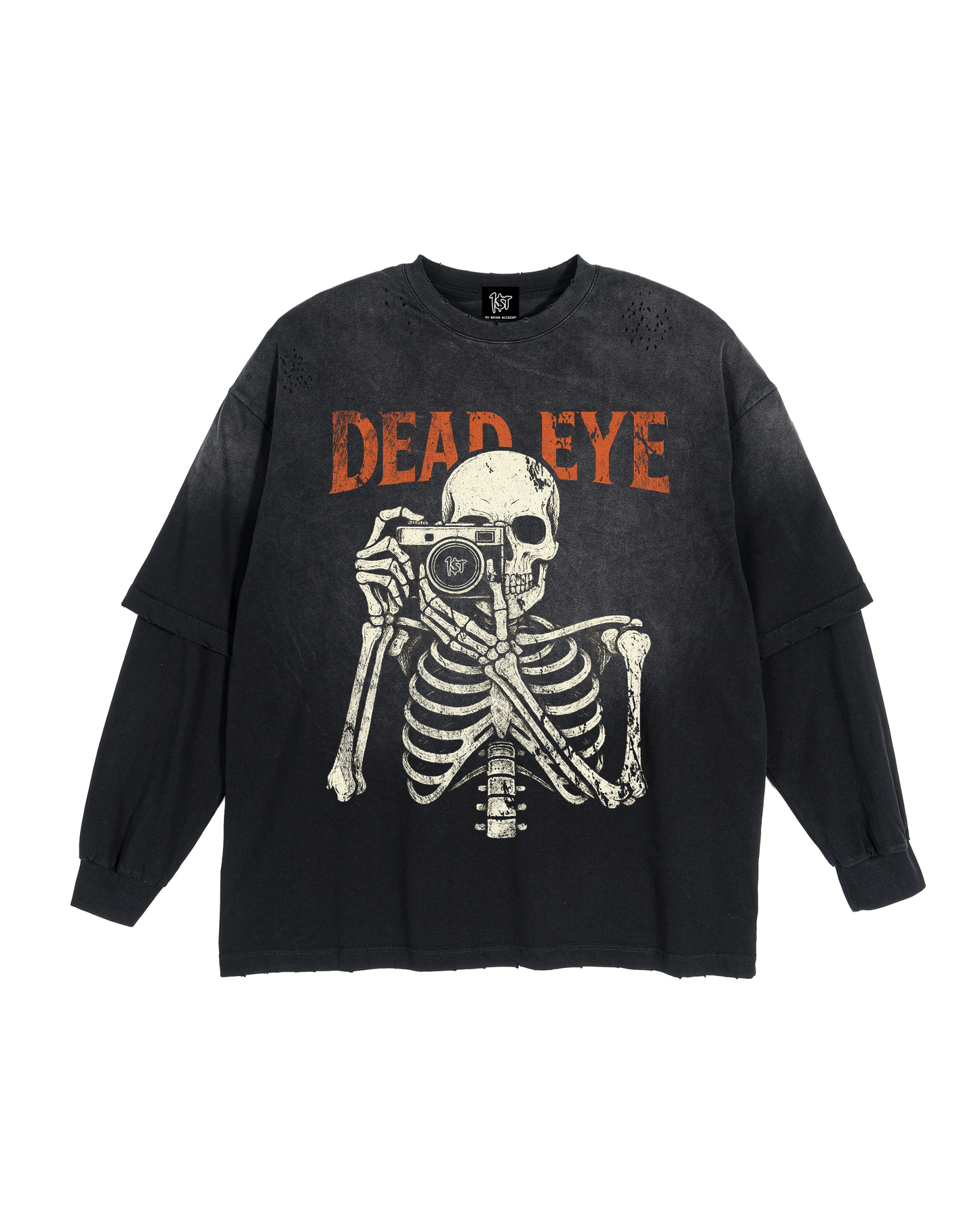 "DEAD EYE" V2 Sunfaded Distressed Heavyweight Long Sleeve Fake Tee (2 piece integrated look)
