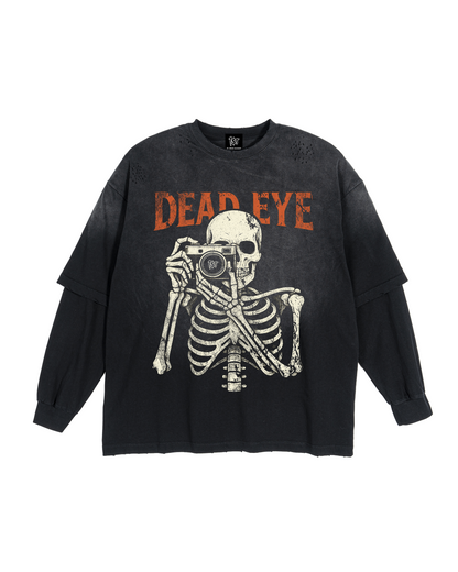 "DEAD EYE" V2 Sunfaded Distressed Heavyweight Long Sleeve Fake Tee (2 piece integrated look)