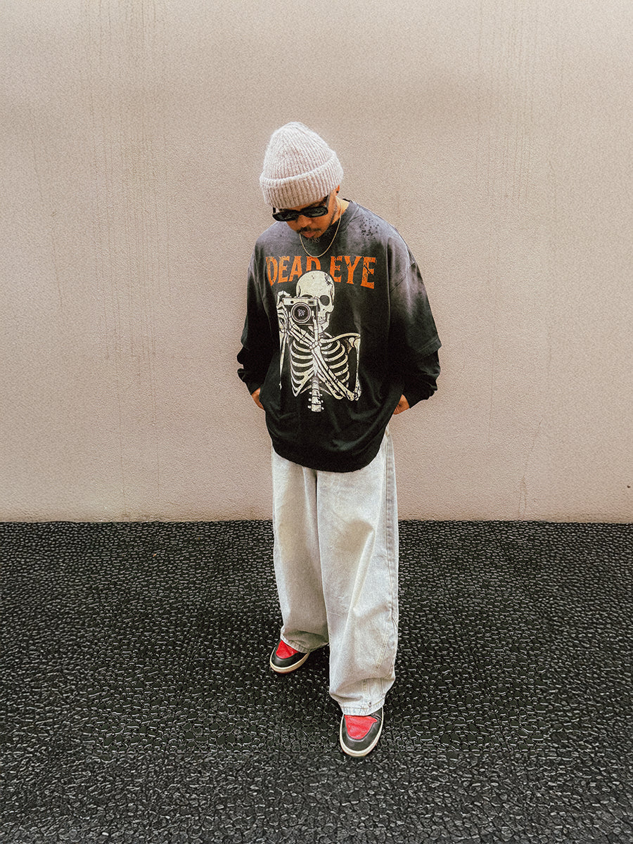 "DEAD EYE" V2 Sunfaded Distressed Heavyweight Long Sleeve Fake Tee (2 piece integrated look)