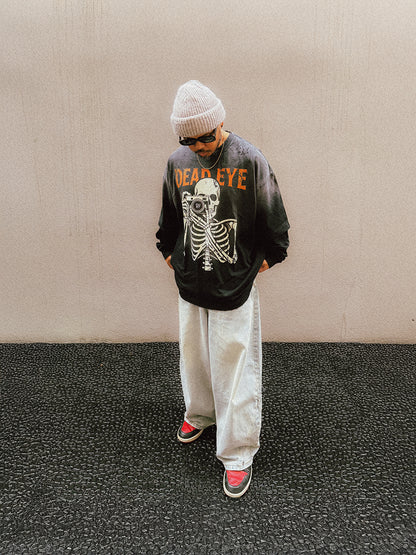 "DEAD EYE" V2 Sunfaded Distressed Heavyweight Long Sleeve Fake Tee (2 piece integrated look)